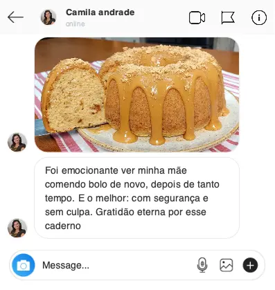 Depoimento de Camila Andrade sobre bolo sem glúten